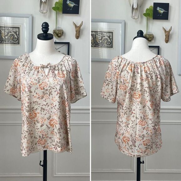 Vintage 70s Peasant Style Short Sleeve Top Keyhole Tie Floral Birds Brown Orange - Picture 1 of 7